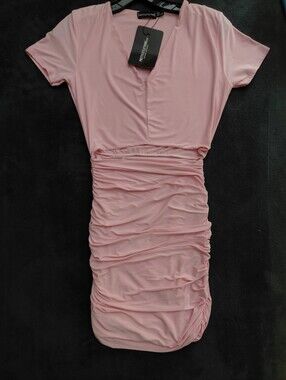 PrettyLittleThing Blush Pink Ruched V-Neck Mini Dress